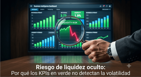 Riesgo de liquidez oculto — Dashboard con KPIs en verde y lupa revelando riesgo