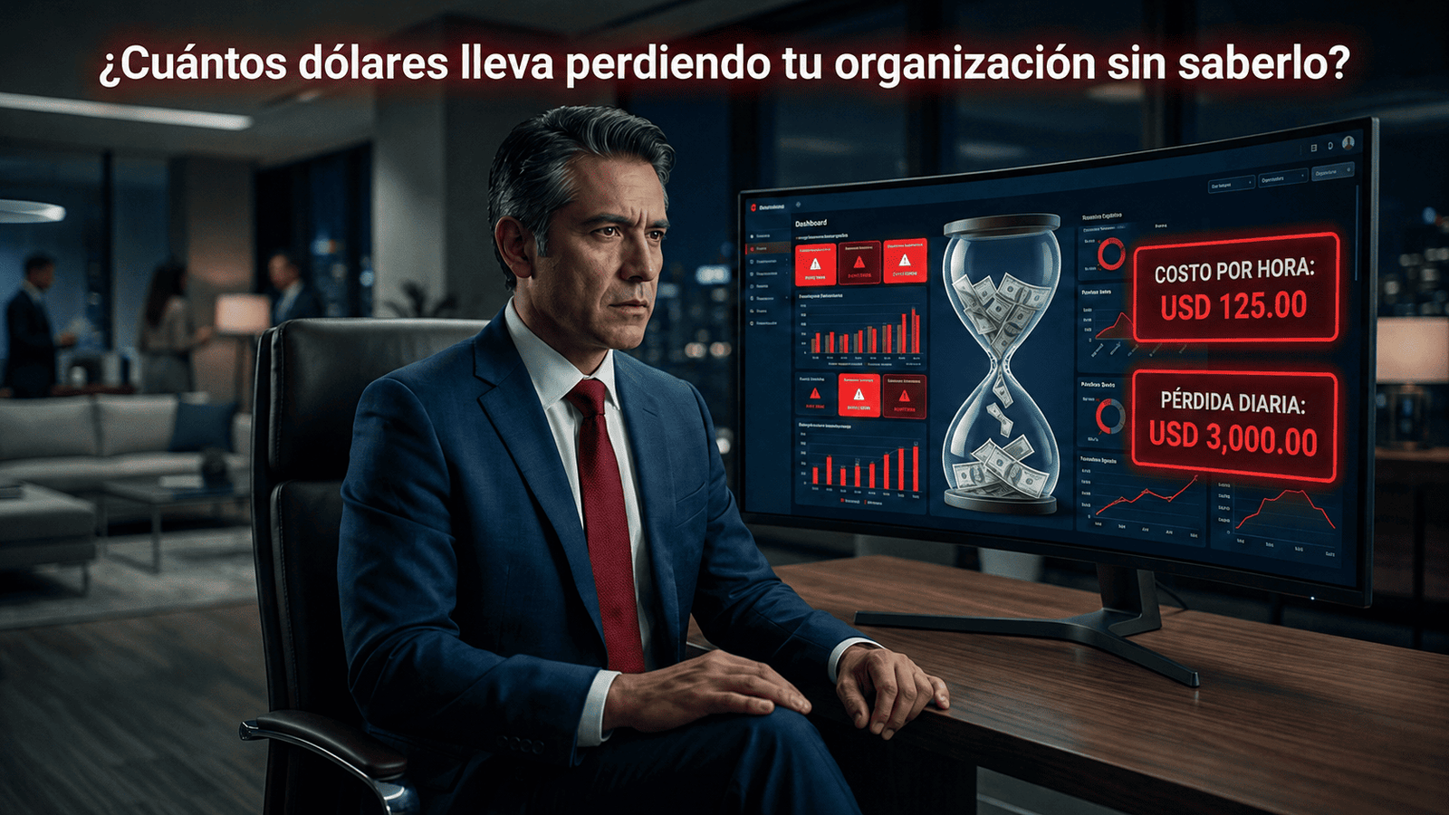 Director frente a dashboard con KPIs en rojo