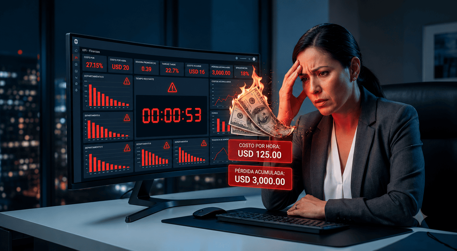 Gerenta preocupada frente a dashboard con KPIs en rojo y dólares quemándose - Sistema VEFS