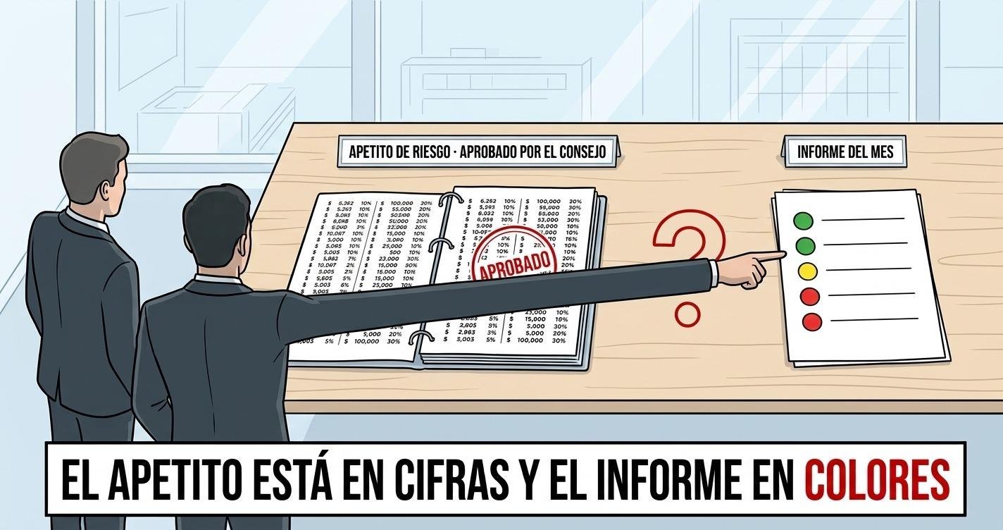 Dos documentos sobre una mesa de Consejo: la declaraci&oacute;n de apetito de riesgo escrita en cifras y el informe mensual reducido a sem&aacute;foros de colores