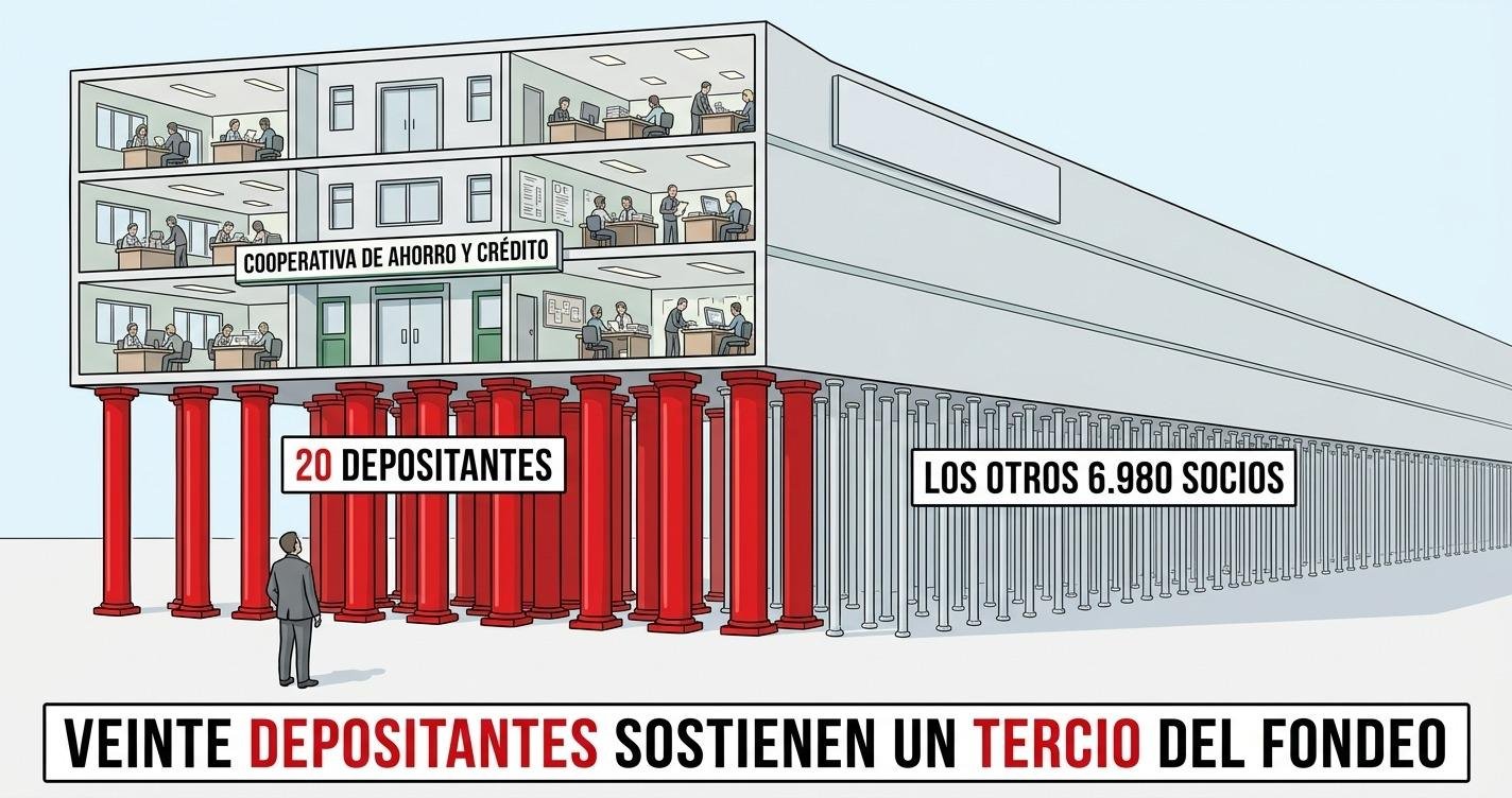 El edificio de una cooperativa apoyado sobre veinte columnas rojas gruesas y casi siete mil columnas grises finas que se pierden en la perspectiva