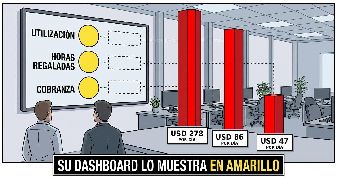 Tablero de una empresa con tres indicadores fuera de meta y casillas vac&iacute;as al lado, y tres barras de alturas muy distintas con su costo por d&iacute;a