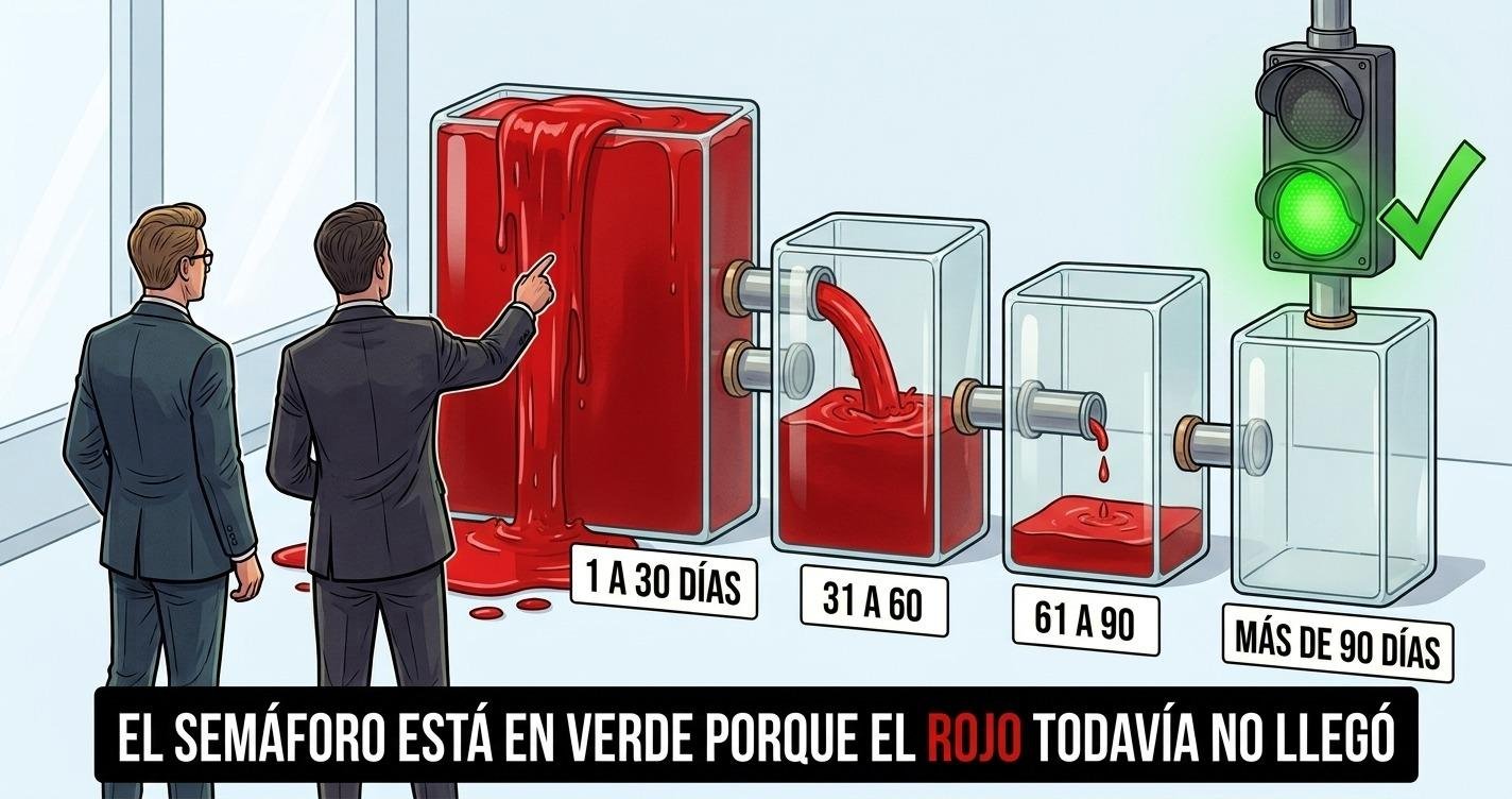 Cuatro tanques conectados en cascada llen&aacute;ndose de l&iacute;quido rojo: el de mora de 1 a 30 d&iacute;as desborda, el de m&aacute;s de 90 d&iacute;as est&aacute; vac&iacute;o con un sem&aacute;foro en verde encima