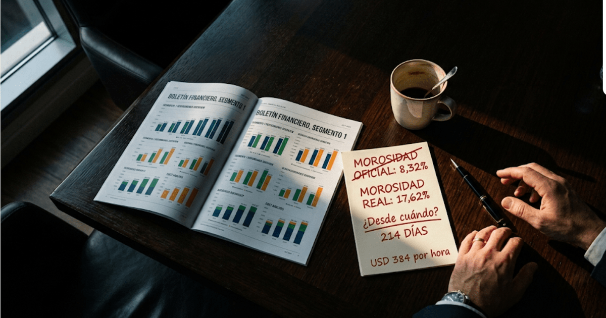 Morosidad en cooperativas de ahorro y crédito: boletín financiero del Segmento 1 con morosidad oficial 8,32% tachada, morosidad real 17,62%, 214 días, USD 384 por hora