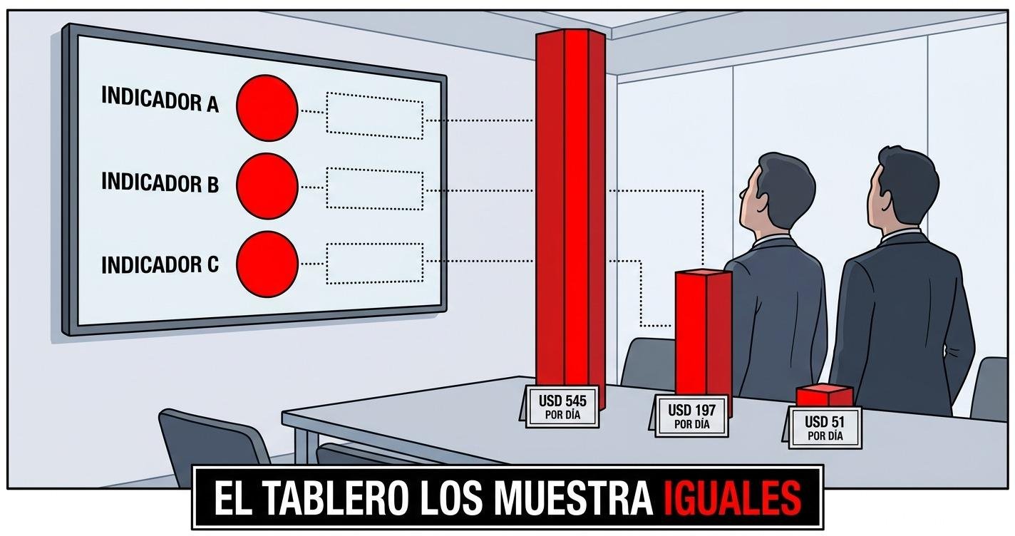 Tres indicadores de un tablero, los tres en rojo y del mismo tama&ntilde;o, con una casilla vac&iacute;a al lado de cada uno donde deber&iacute;a estar el costo