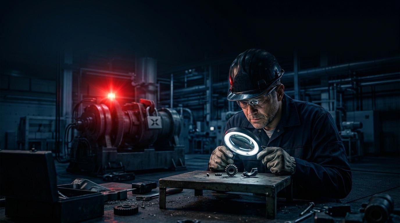 Miopía en la industria: un técnico examina una pieza con lupa mientras, al fondo, una alarma roja sigue encendida sin que nadie reaccione.